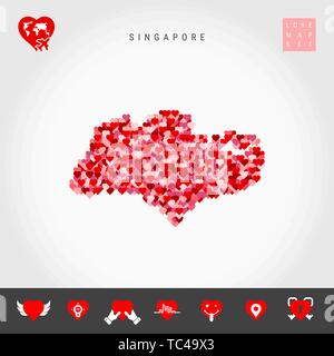 Ich liebe Singapur. Rot und rosa Herzen Muster Vektor Karte von Singapur isoliert auf grauen Hintergrund. Liebe Symbol gesetzt. Stock Vektor