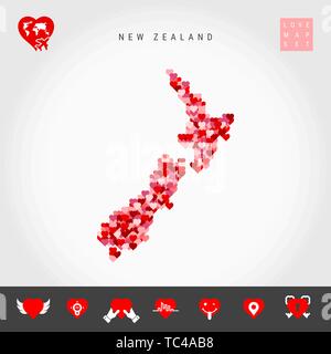 Ich liebe Neuseeland. Rot und rosa Herzen Muster Vektor Karte von Neuseeland isoliert auf grauen Hintergrund. Liebe Symbol gesetzt. Stock Vektor