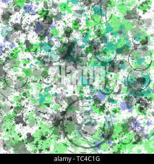 Bunte Aquarellfarbe splatter und schwarze Flecken auf grünem Hintergrund. Stockfoto