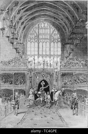 Gravur der Krönung von George IV in der Westminster Hall, London, England, aus dem Buch "Alte und neue London: eine Erzählung über seine Geschichte, seine Menschen und seine Sehenswürdigkeiten von Thornbury Walter, 1873. Mit freundlicher Genehmigung Internet Archive. () Stockfoto