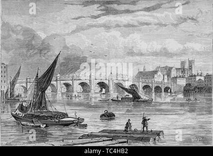 Gravur der alten Westminster Bridge, Blick von der Themse, London, England, aus dem Buch "Alte und neue London: eine Erzählung über seine Geschichte, seine Menschen und seine Sehenswürdigkeiten von Thornbury Walter, 1873. Mit freundlicher Genehmigung Internet Archive. () Stockfoto