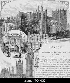 Gravuren der Westminster Abbey und Houses of Parliament in London, England, aus dem Buch "Alte und neue London: eine Erzählung über seine Geschichte, seine Menschen und seine Sehenswürdigkeiten von Thornbury Walter, 1508. Mit freundlicher Genehmigung Internet Archive. () Stockfoto