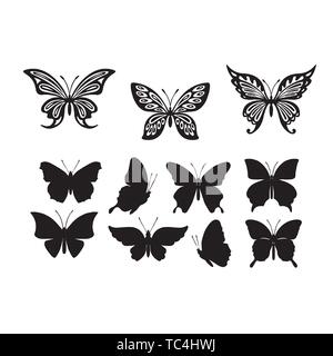 Schmetterling silhouette Symbole gesetzt. Vektorgrafiken. insekt Schmetterling Umrisse Vektor. Natur Malbuch Stock Vektor