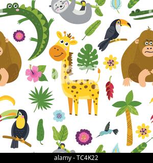 Nahtlose Muster mit niedlichen Tiere aus dem Dschungel. Abbildung für Hintergründe, Karten, Poster, Banner, Textildruck, Abdeckung, Web Design Stock Vektor
