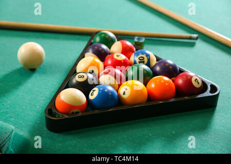 Billard Kugeln im Dreieck Rack mit Cues auf Tisch Stockfoto