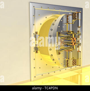 Vorderansicht des Licht gold Tresorraum Tür, geschlossen. Die Tür zum Tresorraum mit einer Menge von geheimen Mechanismen und Kennwörter. 3D-Rendering Stockfoto
