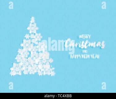 Weihnachten und ein glückliches neues Jahr Grußkarten. Urlaub Postkarte. Vector Illustration. Origami, Schneeflocken wie ein Weihnachtsbaum auf blauem Hintergrund. Stock Vektor