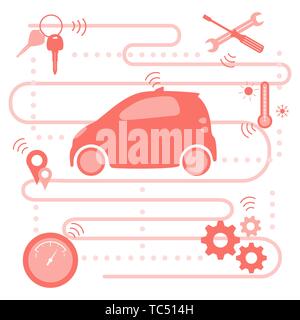 Smart - Auto Transfer von Informationen über seinen Zustand: die Lage, die Kraftstoffmenge, Temperaturen im Auto, muss für die Reparatur. Autom. Stock Vektor