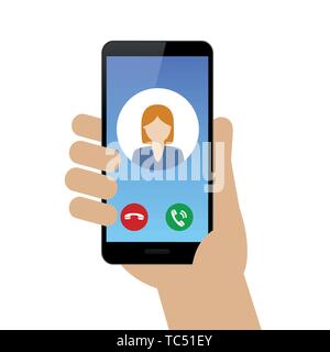 Anrufende Person mit Smartphone weiblichen Avatar auf weißem Hintergrund Vektor-illustration EPS 10 isoliert Stock Vektor