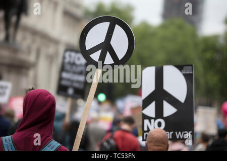Eine Person hält ein friedenszeichen Banner bei einem Protest Stockfoto