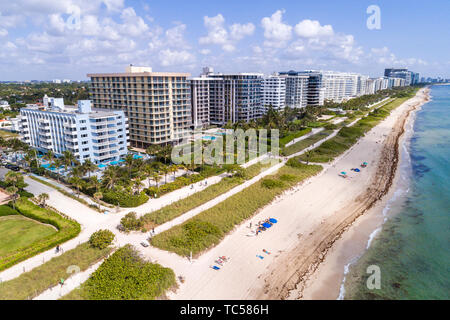 Miami Florida, Surfside Oceanfront Condominium Wohnanlagen, Wohngebäude Atlantischer Ozean öffentlicher Strand Luftaufnahme von oben, Stockfoto