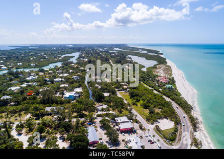 Sanibel Island Florida, Golf von Mexiko Strand, Sanibel Captiva Road, Dinkins Clam Bayou, Häuser, Luftaufnahme von oben, FL190514d02 Stockfoto