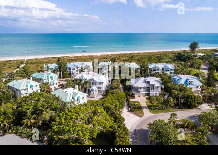 Sanibel Island Florida, Golf von Mexiko Strand, East Gulf Drive Häuser, Colony Beach Estates, Luftaufnahme von oben, FL190514d09 Stockfoto