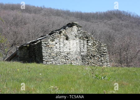 Ruine zerstört. Ein altes Haus, gebaut aus Steinen in einer grünen Lichtung verlassen, mitten in der Natur der Park der Apuanischen Alpen, toskanischen Apennin Stockfoto