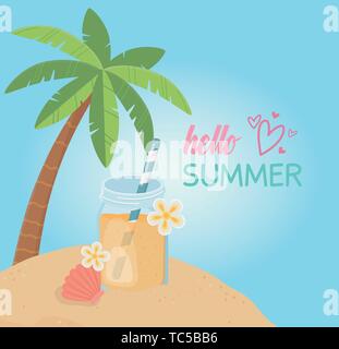 Hallo Sommer Poster mit meereslandschaftszene Symbole Vector Illustration Design Stock Vektor