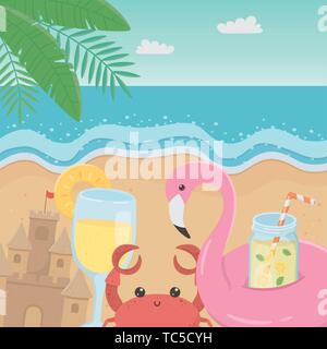 Hallo Sommer Poster mit meereslandschaftszene Symbole Vector Illustration Design Stock Vektor