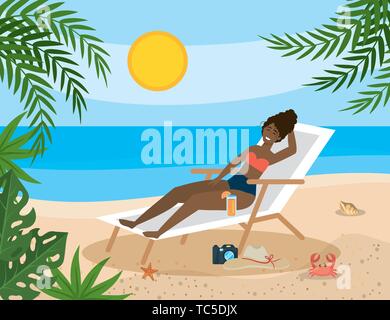 Frau mit Badeanzug und die Sonne im Solarium Stuhl auf Sommerzeit Vector Illustration Stock Vektor