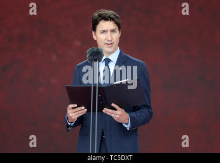 Kanadische Premierminister Justin Trudeau Sprechen während der Gedenkfeiern zum 75. Jahrestag der D-Day Landungen in Southsea Common in Portsmouth. Stockfoto