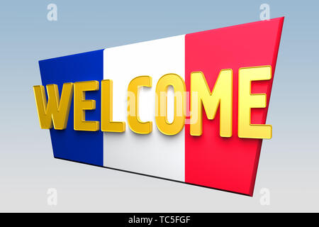 Willkommen Zeichen ist Farbe der Flagge Frankreich gemalt. 3D-Rendering Stockfoto