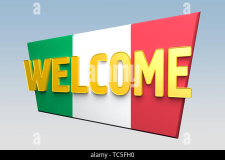 Willkommen Zeichen ist Farbe der Flagge Italien gemalt. 3D-Rendering Stockfoto