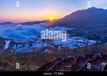 Die Yilao Berg Terrassen in Yuanyang, Yunnan am 13. März 2019 Ist der Moment der Bewässerung und die Felder. Das Meer der Wolken dämpfen auf dem Baum den Sonnenaufgang, den Sonnenuntergang Landschaft des Adlers Mund ist noch charmanter und die Liebe, die Feder und den blauen Terrassen umgeben das Dorf. Diese sind atemberaubend für Touristen. Stockfoto