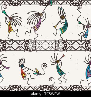 Hand Kokopelli nahtlose Muster gezeichnet. Stilisierte mythische Zeichen Flöten zu spielen. Vektorgrafiken für Drucke. Design, Karten, Kinder- und Malbücher, Stock Vektor
