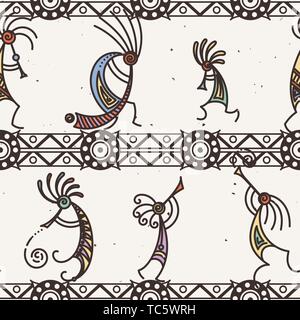 Hand Kokopelli nahtlose Muster gezeichnet. Stilisierte mythische Zeichen Flöten zu spielen. Vektorgrafiken für Drucke. Design, Karten, Kinder- und Malbücher, Stock Vektor