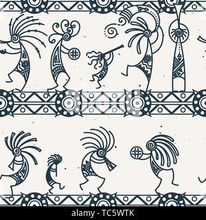 Hand Kokopelli nahtlose Muster gezeichnet. Stilisierte mythische Zeichen Flöten zu spielen. Vektorgrafiken für Drucke. Design, Karten, Kinder- und Malbücher, Stock Vektor