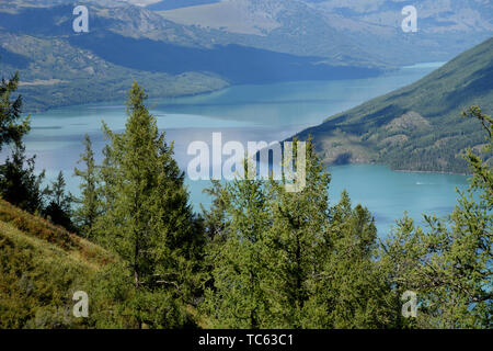 Im August 2018 in Kanas See, Xinjiang, Kanas See unter dem blauen Himmel und weißen Wolken fotografiert, wie ein riesiges Sapphire mit Intarsien zwischen den Gipfeln. Stockfoto