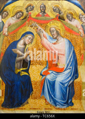 Gemälde der Krönung der Jungfrau Maria. XIV Jahrhundert, 1390. Von Simone Di Filippo, der 'de' Crocifissi" genannt. Die derzeit im Castello Visconteo. Stockfoto