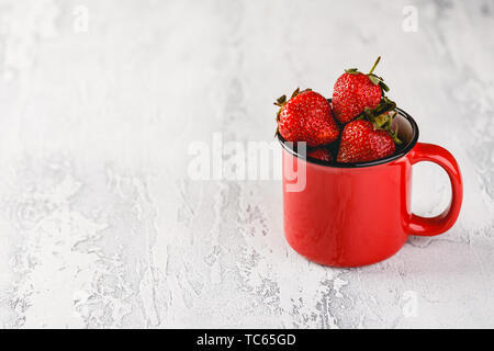 Frische Erdbeeren in rot Emaille Tasse auf grauem Hintergrund. Platz für Text. Stockfoto