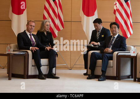 Usa handeln Verteidigungsminister Patrick M. Shanahan trifft sich mit Japans Premierminister Deutsche Bücherei, in der Residenz des Ministerpräsidenten, Tokio, Japan, 4. Juni 2019. (DoD Foto von Lisa Ferdinando) Stockfoto