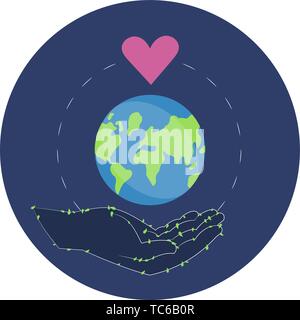 Menschliche Hand unterstützt cartoon Erde Globus mit Liebe Symbol. Design Konzept für Aufkleber, Banner, Print, Plakat. Stock Vektor