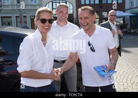 05. Juni 2019, Sachsen, Görlitz: Tino Chrupalla (r), Mitglied des Bundestages für die AfD, sagt Auf Wiedersehen zu Alice Weidel, Fraktionschef der AfD im Bundestag, nach einer Wahlkampfveranstaltung. Im Zentrum steht Sebastian Wippel, AfD Landtag delegieren und Bürgermeister Kandidat für Görlitz. Am 16. Juni 2019, die zweite Runde der Bürgermeisterwahl findet in der Neiße Stadt nehmen. Foto: Sebastian Kahnert/dpa-Zentralbild/dpa Stockfoto