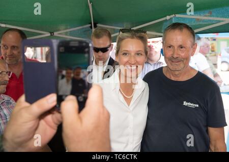 05. Juni 2019, Sachsen, Görlitz: Alice Weidel, Führer der AfD-Fraktion im Bundestag, posiert für ein Foto bei einer Wahlkampfveranstaltung. Am 16. Juni 2019, die zweite Runde der Bürgermeisterwahl findet in der Neiße Stadt nehmen. Foto: Sebastian Kahnert/dpa-Zentralbild/dpa Stockfoto