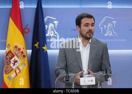 Madrid, Spanien. 05 Juni, 2019. Drücken Sie die Taste Konferenz der zquierda Unida, Alberto GarzÃ³n auf dem Kongress nach einem Treffen mit dem König Felipe VI. Credit: CORDON PRESSE/Alamy leben Nachrichten Stockfoto