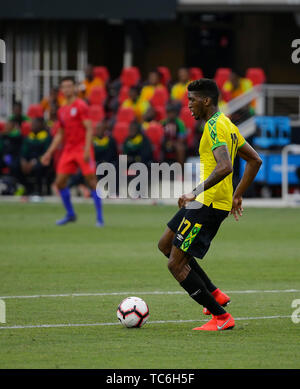 Washington DC, USA. 5. Juni 2019. Die jamaikanische Männer Nationalmannschaft Defender (17) Damion Lowe während eines internationalen freundlich Fußballspiel zwischen den Vereinigten Staaten Männer Nationalmannschaft und der jamaikanischen Männer Nationalmannschaft bei Audi Feld in Washington DC. Justin Cooper/CSM/Alamy leben Nachrichten Stockfoto