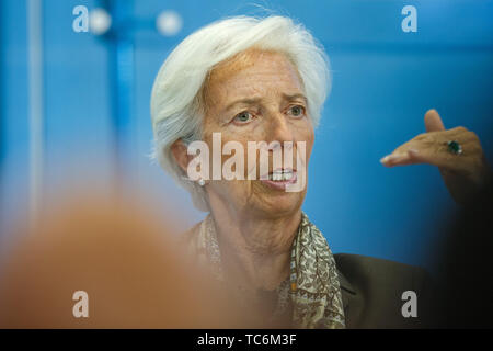 Washington, DC, USA. 5. Juni 2019. Geschäftsführender Direktor des Internationalen Währungsfonds (IWF) Christine Lagarde spricht während einem Gespräch im American Enterprise Institute (AEI) in Washington, DC, USA, am 5. Juni 2019. Christine Lagarde am Mittwoch verteidigte die Rolle des Handels in der Nutzung der globalen Wachstums, da die Vereinigten Staaten den Handel Spannungen mit ihren Handelspartnern in den letzten Monaten eskaliert. Credit: Ting Shen/Xinhua/Alamy leben Nachrichten Stockfoto