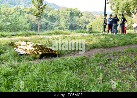 Turin, Piemont, Italien. 5. Juni 2019. Turin, Italy-June 5, 2019: Murder-Discovery der Leiche des Freund der Bahamas Diplomat, Ramsey Alrae Keiron gefunden gestern und heute im Fluss Po. Credit: Stefano Guidi/ZUMA Draht/Alamy leben Nachrichten Stockfoto