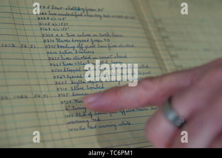 London, Großbritannien. 06 Juni, 2019. Die Schiffe original aus D log-Tag mit Eintrag, 27.05 Brand mit voller Breitseite auf Port geöffnet - Imperial War Museum markiert den 75. Jahrestag der D-Day Landungen an Bord der HMS Belfast. Credit: Guy Bell/Alamy leben Nachrichten Stockfoto