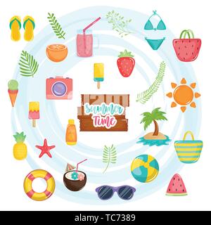 Sommer Poster mit Holz- label und Symbole Vector Illustration Design Stock Vektor