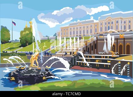 Malerischer Blick auf die Große Kaskade, Skulpturen und Springbrunnen auf Schloss Peterhof in St. Petersburg, Russland. Bunte vektor Illustration. Stock Vektor