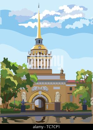 Stadtbild von Admiralty Building, Sankt Petersburg, Russland. Vorderansicht des Old Admiralty Building aus dem Garten. Bunte vektor Illustration. Stock Vektor