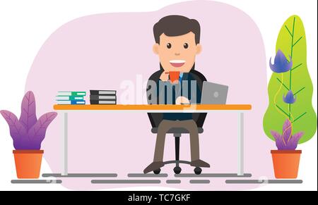 Business Mann an seinem Schreibtisch sitzen und Arbeiten am Laptop vektor Darstellung. flat Design. Stock Vektor