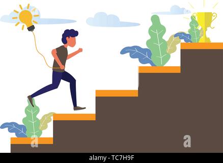 Der Mann auf der Treppe zum Erfolg Trophy laufen und Holding Idee Glühlampe. Moderne, flache Design Vector Illustration. Stock Vektor