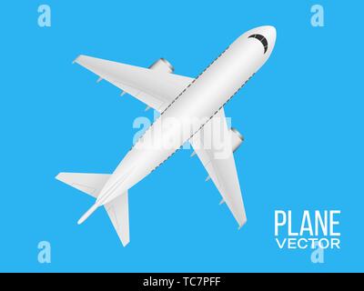 Ebene der Ansicht von oben auf blauem Hintergrund. Realistische Flugzeug Konzept. Weiß airliner für Broschüre, Präsentation, Web. Vector Illustration Stock Vektor