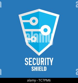 Security Shield Logo. Technologie Schriftzug. Symbol Sicherheit Vorlage. Internet Schutz flache Bauform. Schild auf blauem Hintergrund. Vector Illustration Stock Vektor