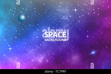 Raum Hintergrund. Galaxie mit Nebel, Planeten und Sterne. Farbenfrohe abstrakte futuristischen Kulisse. Stardust und glänzenden Sternen. Vector Illustration Stock Vektor