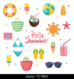 Hellow Sommer Poster mit Holiday icons Vector Illustration Design Stock Vektor