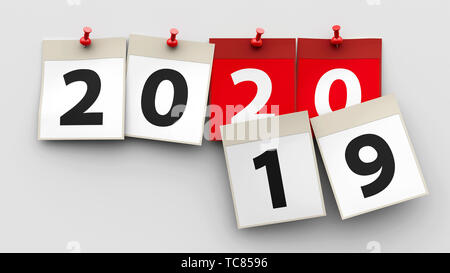 Kalender Blätter mit roten Stift und Zahlen 2020 auf grauem Hintergrund stehen für das neue Jahr 2020 starten, dreidimensionale Rendering, 3D-Darstellung Stockfoto